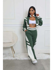 Colorblock Striped Trim Zipper Pant Sets