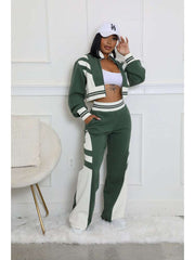 Colorblock Striped Trim Zipper Pant Sets