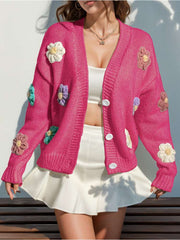 Colorblock Flower Decor Knitting Cardigan