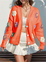 Colorblock Flower Decor Knitting Cardigan