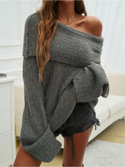 Off Shoulder Trumpet Sleeve Frayed Sweater