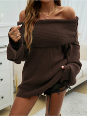 Off Shoulder Trumpet Sleeve Frayed Sweater