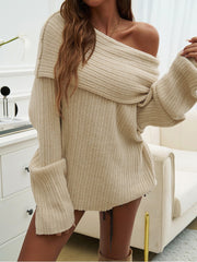 Off Shoulder Trumpet Sleeve Frayed Sweater