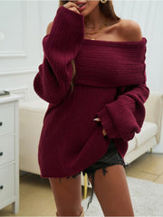 Off Shoulder Trumpet Sleeve Frayed Sweater