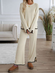 Colorblock Striped Trim Loose Knitted Pant Sets