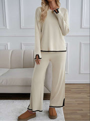 Colorblock Striped Trim Loose Knitted Pant Sets