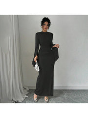 Plain Ruched Trumpet Sleeve Maxi Dress