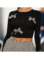 Plaid Bow Cropped Bubble Skirt Sets