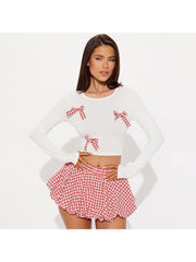 Plaid Bow Cropped Bubble Skirt Sets