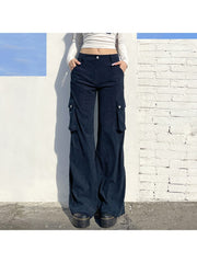 Patchwork Corduroy Wide Leg Cargo Pocket Pants