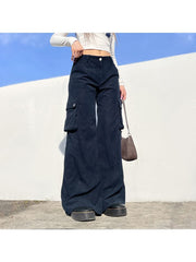 Patchwork Corduroy Wide Leg Cargo Pocket Pants