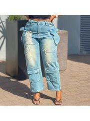 Cargo Denim Multi Pocket Wide Leg Jeans