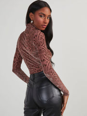 Velour Burn-Out Sheer Cowl Highneck Tops