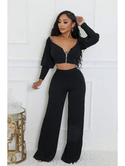 Rib Off Shoulder Zipper Cropped Pant Sets