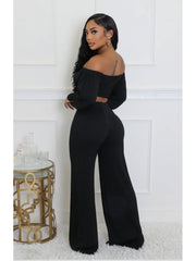 Rib Off Shoulder Zipper Cropped Pant Sets