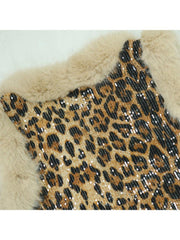 Sexy Leopard Sequins Fur Patchwork Sleeveless 2pcs Pant Sets