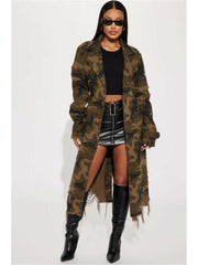 Ripped Fuzzy Trim Camo Lapel Trench Coat