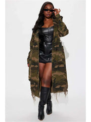 Ripped Fuzzy Trim Camo Lapel Trench Coat