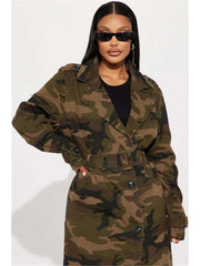 Ripped Fuzzy Trim Camo Lapel Trench Coat