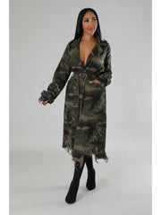 Ripped Fuzzy Trim Camo Lapel Trench Coat