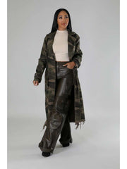 Ripped Fuzzy Trim Camo Lapel Trench Coat