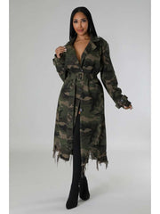 Ripped Fuzzy Trim Camo Lapel Trench Coat