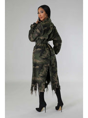 Ripped Fuzzy Trim Camo Lapel Trench Coat