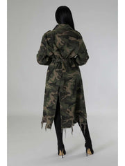 Ripped Fuzzy Trim Camo Lapel Trench Coat