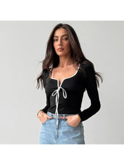 Lace Up Bow Square Neck Cropped Tops