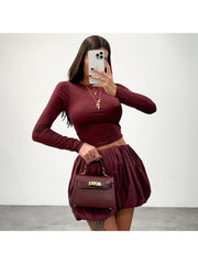 Knot Backless Cropped Bubble Skirt Sets