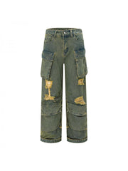 Ripped Washed Denim Cargo Pocket Jeans