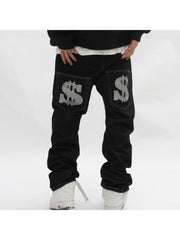 Dollar Letter Pattern Denim Straight Jeans