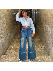 Vintage Denim Fuzzy Trim Wide Leg Jeans