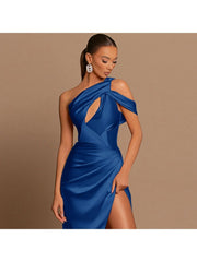 Goddess-like Irregular Ruched One-shoulder Maxi Evening Dress