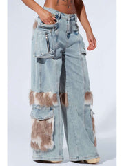 Fluff Cargo Pocket Denim Wide Leg Jeans