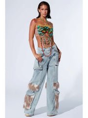 Fluff Cargo Pocket Denim Wide Leg Jeans