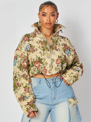 Colorblock Floral Stand Collar Zipper Jackets