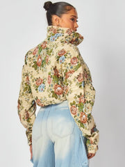 Colorblock Floral Stand Collar Zipper Jackets