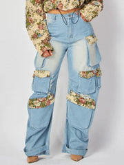 Floral Denim Multi Pocket Cargo Jeans