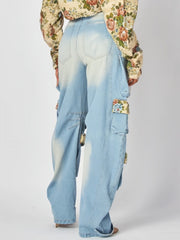 Floral Denim Multi Pocket Cargo Jeans