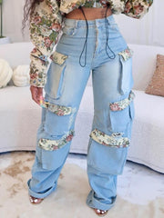 Floral Denim Multi Pocket Cargo Jeans