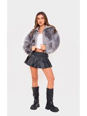 Gradient Lapel Zipper Cropped Faux Fur