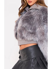 Gradient Lapel Zipper Cropped Faux Fur