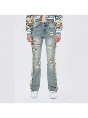 Floral Ripped Denim Fringe Lacework Jeans