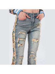 Floral Ripped Denim Fringe Lacework Jeans