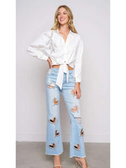 Heart Embellished Hollow-out Wide Leg Jeans