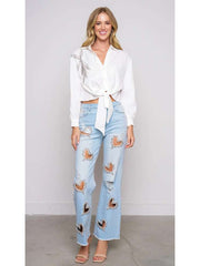 Heart Embellished Hollow-out Wide Leg Jeans