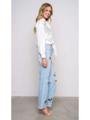 Heart Embellished Hollow-out Wide Leg Jeans