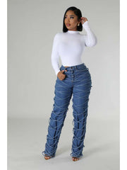 Tie-wrap Denim Patchwork High Rise Jeans