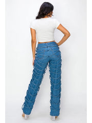 Tie-wrap Denim Patchwork High Rise Jeans